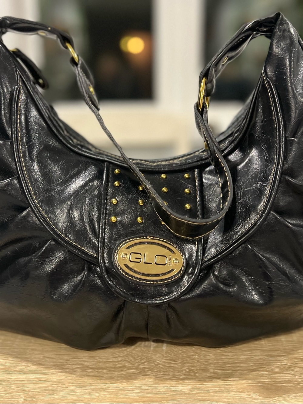 GLO jeans Black Faux Leather Studded Hobo with Gold Plaque